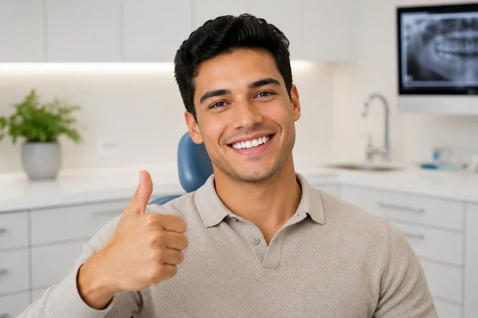 man in dental chair giving thumbs up
